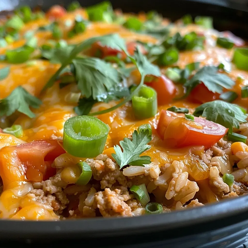 ['Close-up view of a baked dish featuring Tex-Mex turkey and brown rice, topped with melted cheese.', 'Side photo of a colorful Tex-Mex turkey bake with brown rice, garnished with fresh green herbs.', 'Juicy turkey and brown rice casserole, showcasing layers of ingredients and a cheesy top.', 'Delicious casserole dish filled with Tex-Mex flavors, including ground turkey and diced tomatoes.']