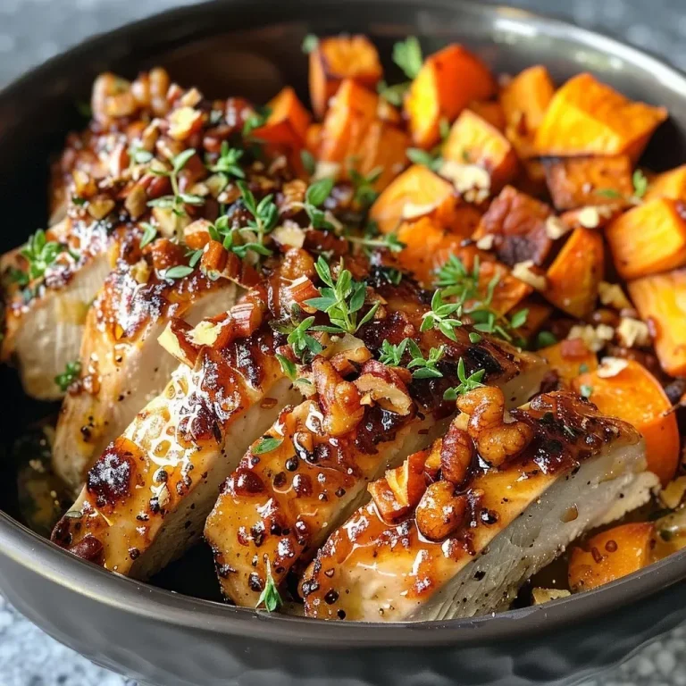 ['Close-up of a Maple Dijon Chicken Bowl with sweet potatoes and garnished with thyme.', 'Juicy Maple Dijon Chicken served in a bowl with roasted sweet potatoes and nuts.', 'Side view of a delicious chicken bowl featuring sweet potatoes and a glossy glaze.', 'Colorful Maple Dijon Chicken Bowl showcasing tender chicken, sweet potatoes, and thyme.']