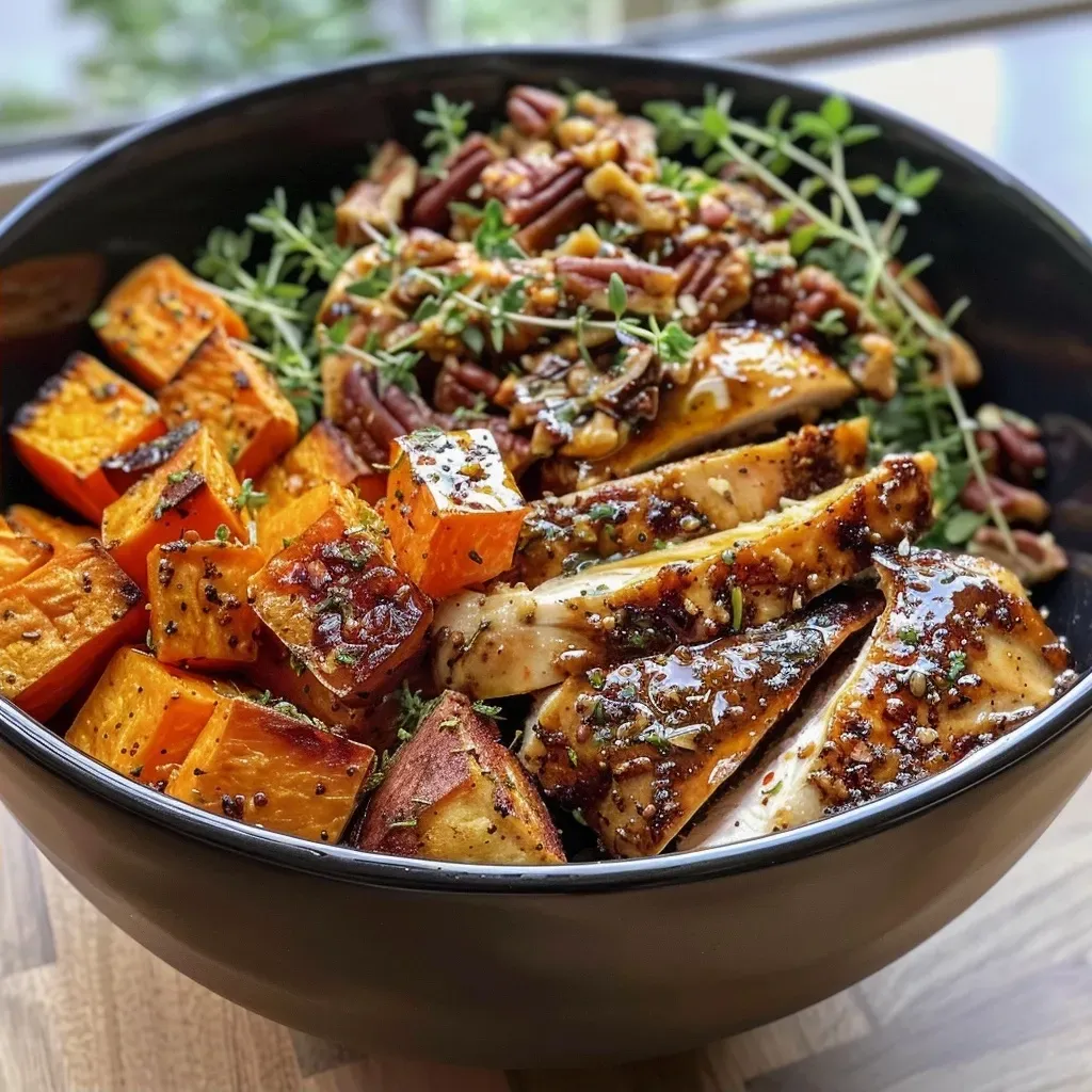 ['Close-up of a Maple Dijon Chicken Bowl with sweet potatoes and garnished with thyme.', 'Juicy Maple Dijon Chicken served in a bowl with roasted sweet potatoes and nuts.', 'Side view of a delicious chicken bowl featuring sweet potatoes and a glossy glaze.', 'Colorful Maple Dijon Chicken Bowl showcasing tender chicken, sweet potatoes, and thyme.']