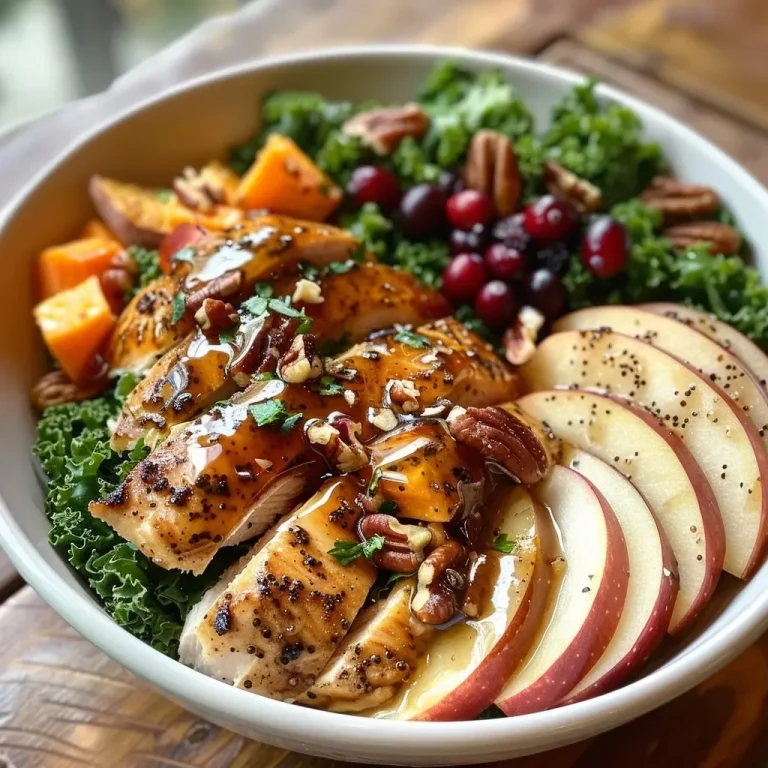 ['A close-up view of a Maple Dijon Fall Harvest Power Bowl featuring colorful ingredients like quinoa, sliced apple, sweet potato, and kale.', 'Side view of a vibrant Power Bowl with chicken, roasted pecans, dried cranberries, and a drizzle of Maple Dijon dressing.', 'A detailed image showing a nutritious bowl filled with quinoa, kale, sweet potato, apple slices, and toppings.', 'An appetizing close-up of a fall-inspired dish highlighting maple dressing over chicken and various fresh ingredients.']