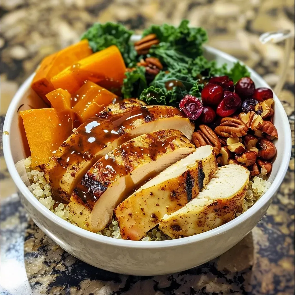 ['A close-up view of a Maple Dijon Fall Harvest Power Bowl featuring colorful ingredients like quinoa, sliced apple, sweet potato, and kale.', 'Side view of a vibrant Power Bowl with chicken, roasted pecans, dried cranberries, and a drizzle of Maple Dijon dressing.', 'A detailed image showing a nutritious bowl filled with quinoa, kale, sweet potato, apple slices, and toppings.', 'An appetizing close-up of a fall-inspired dish highlighting maple dressing over chicken and various fresh ingredients.']
