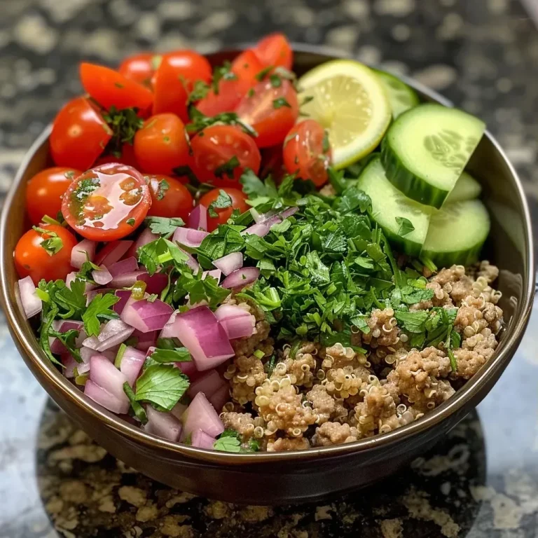 ['A colorful Mediterranean bowl featuring ground turkey and quinoa topped with fresh vegetables.', 'Close-up view of a Mediterranean bowl filled with ground turkey, quinoa, and vibrant diced vegetables.', 'A healthy bowl showcasing ground turkey, quinoa, and a variety of fresh ingredients like cucumber and tomatoes.', 'Detailed side view of a Mediterranean-inspired bowl with ground turkey, quinoa, and colorful veggies.']