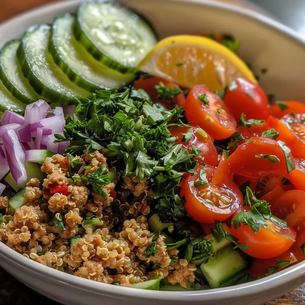['A colorful Mediterranean bowl featuring ground turkey and quinoa topped with fresh vegetables.', 'Close-up view of a Mediterranean bowl filled with ground turkey, quinoa, and vibrant diced vegetables.', 'A healthy bowl showcasing ground turkey, quinoa, and a variety of fresh ingredients like cucumber and tomatoes.', 'Detailed side view of a Mediterranean-inspired bowl with ground turkey, quinoa, and colorful veggies.']
