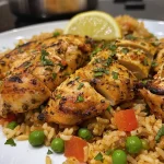 ['Juicy Mediterranean chicken served with rice, garnished with peas.', 'Close-up view of a colorful dish of chicken and rice with herbs.', 'A plate featuring sliced chicken breast over fluffy rice with peas.', 'Detailed shot of Mediterranean chicken and rice, showcasing spices and ingredients.']