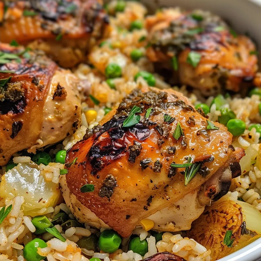 ['Juicy Mediterranean chicken served with rice, garnished with peas.', 'Close-up view of a colorful dish of chicken and rice with herbs.', 'A plate featuring sliced chicken breast over fluffy rice with peas.', 'Detailed shot of Mediterranean chicken and rice, showcasing spices and ingredients.']