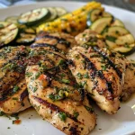 ['Juicy Mediterranean grilled chicken with fresh herbs and vegetables.', 'Close-up view of a grilled chicken breast garnished with herbs and lemon zest.', 'Plate of succulent Mediterranean grilled chicken, zucchini, and corn on the cob.', 'Side view of grilled chicken with a golden crust and vibrant vegetables.']