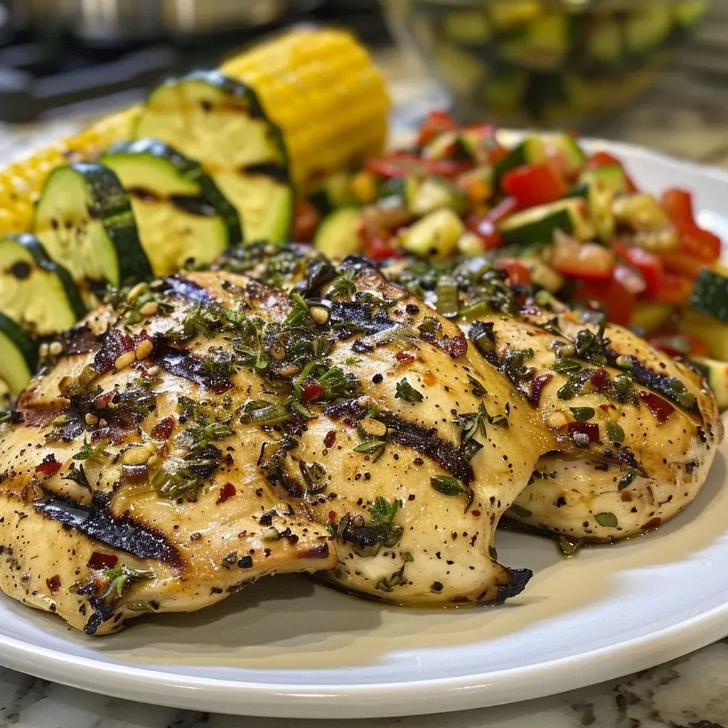 ['Juicy Mediterranean grilled chicken with fresh herbs and vegetables.', 'Close-up view of a grilled chicken breast garnished with herbs and lemon zest.', 'Plate of succulent Mediterranean grilled chicken, zucchini, and corn on the cob.', 'Side view of grilled chicken with a golden crust and vibrant vegetables.']