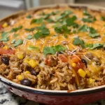['Close-up view of a juicy Mexican Beef and Rice Casserole served in a dish.', 'Side perspective of a delicious Mexican Beef and Rice Casserole topped with melted cheese.', 'Appetizing Mexican Beef and Rice Casserole with corn and black beans visible.', 'A vibrant Mexican Beef and Rice Casserole highlighting layers of beef, rice, and cheese.']