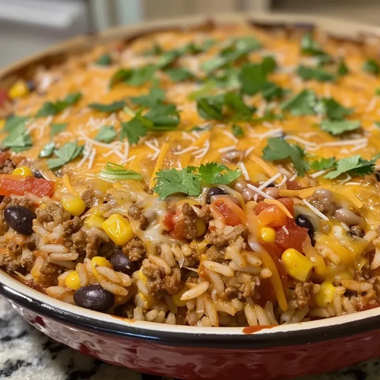 ['Close-up view of a juicy Mexican Beef and Rice Casserole served in a dish.', 'Side perspective of a delicious Mexican Beef and Rice Casserole topped with melted cheese.', 'Appetizing Mexican Beef and Rice Casserole with corn and black beans visible.', 'A vibrant Mexican Beef and Rice Casserole highlighting layers of beef, rice, and cheese.']