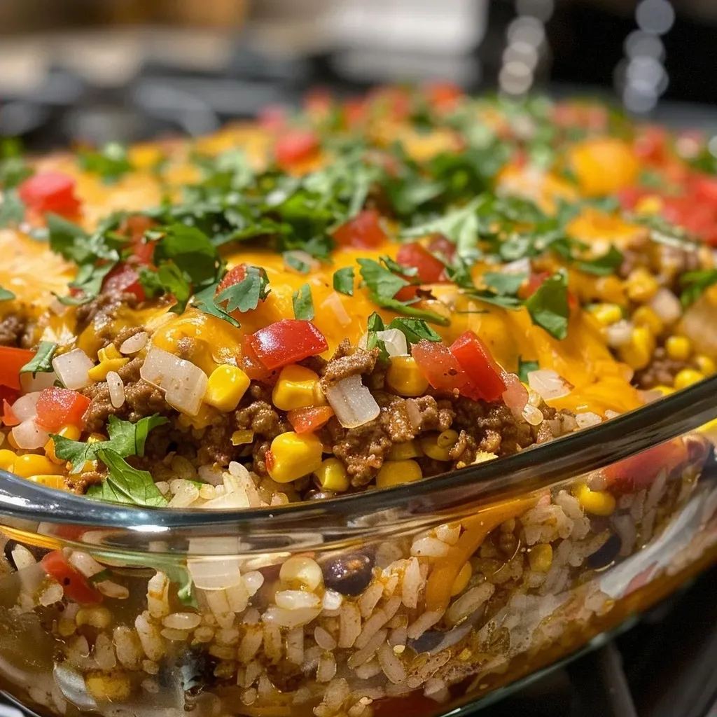 ['Close-up view of a juicy Mexican Beef and Rice Casserole served in a dish.', 'Side perspective of a delicious Mexican Beef and Rice Casserole topped with melted cheese.', 'Appetizing Mexican Beef and Rice Casserole with corn and black beans visible.', 'A vibrant Mexican Beef and Rice Casserole highlighting layers of beef, rice, and cheese.']