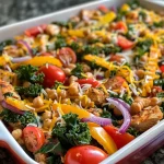 ['A close-up view of a vibrant Mexican Chicken & Veggie Casserole topped with shredded cheese.', 'A colorful layer of bell peppers, tomatoes, and shredded chicken in a casserole dish.', 'Juicy Mexican Chicken & Veggie Casserole served in a white dish, filled with fresh ingredients.', 'A side view of a casserole showcasing layers of cooked vegetables and chicken, garnished with cheese.']