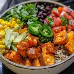 ['A colorful bowl filled with quinoa, black beans, sweet potatoes, and veggies.', 'Close-up image of a Mexican quinoa bowl showcasing sweet potatoes, black beans, and diced vegetables.', 'A vibrant quinoa dish featuring sweet potatoes, black beans, and fresh herbs.', 'Side view of a Mexican quinoa bowl with colorful ingredients arranged beautifully.']