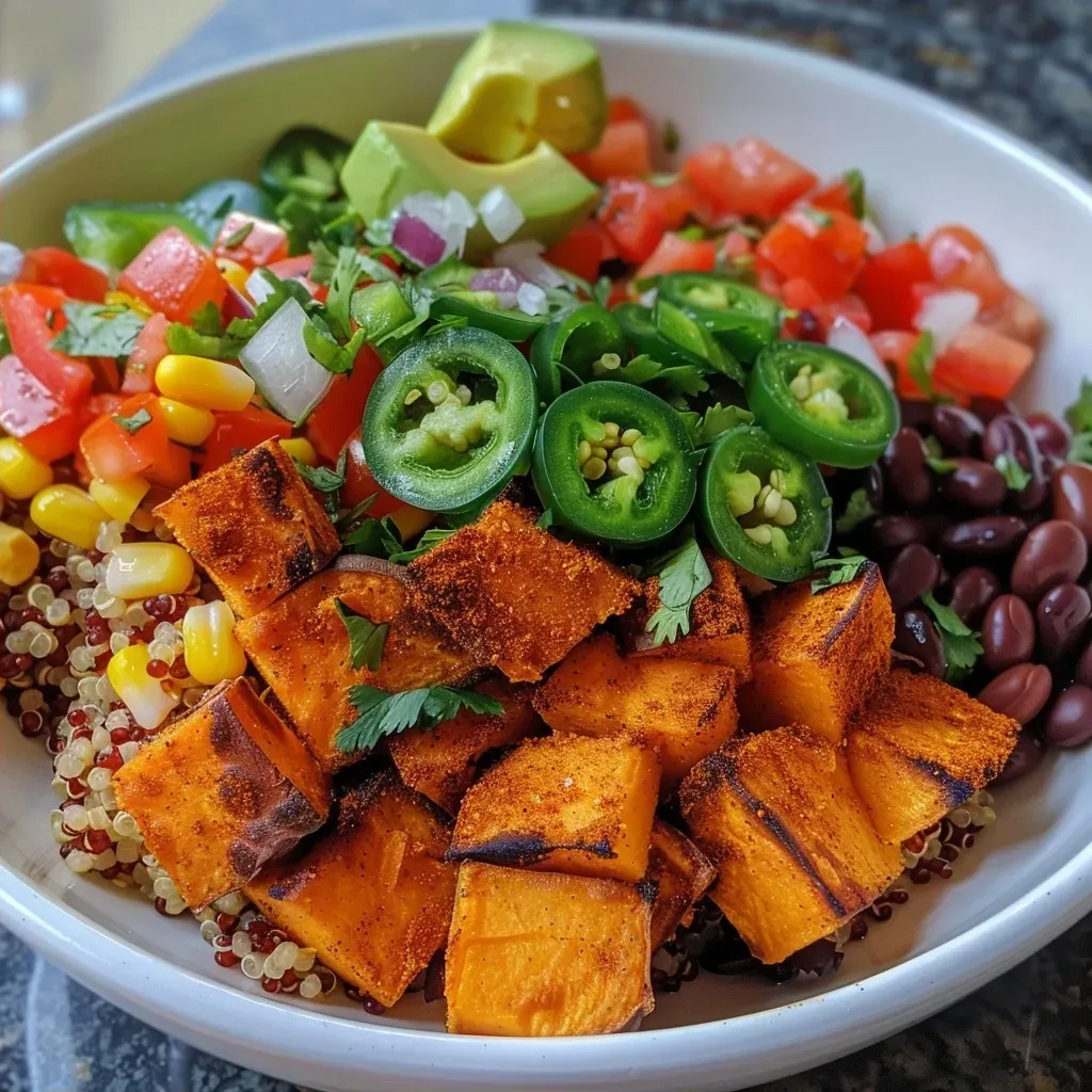 ['A colorful bowl filled with quinoa, black beans, sweet potatoes, and veggies.', 'Close-up image of a Mexican quinoa bowl showcasing sweet potatoes, black beans, and diced vegetables.', 'A vibrant quinoa dish featuring sweet potatoes, black beans, and fresh herbs.', 'Side view of a Mexican quinoa bowl with colorful ingredients arranged beautifully.']