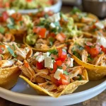 ['Close-up of mini chicken taco cups garnished with cilantro.', 'Side view of delicious mini chicken taco cups filled with toppings.', 'Juicy mini chicken taco cups served with sour cream and guacamole.', 'Savory mini chicken taco cups displayed on a wooden board.']