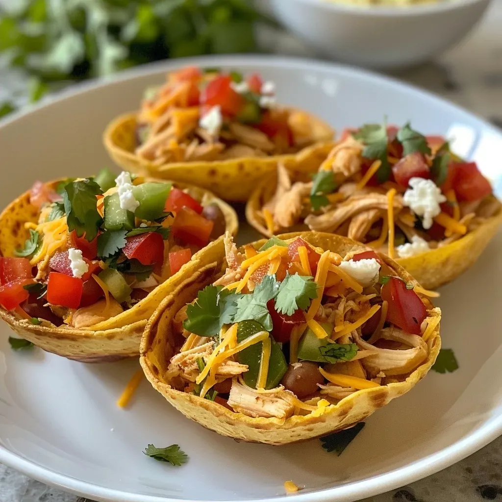 ['Close-up of mini chicken taco cups garnished with cilantro.', 'Side view of delicious mini chicken taco cups filled with toppings.', 'Juicy mini chicken taco cups served with sour cream and guacamole.', 'Savory mini chicken taco cups displayed on a wooden board.']