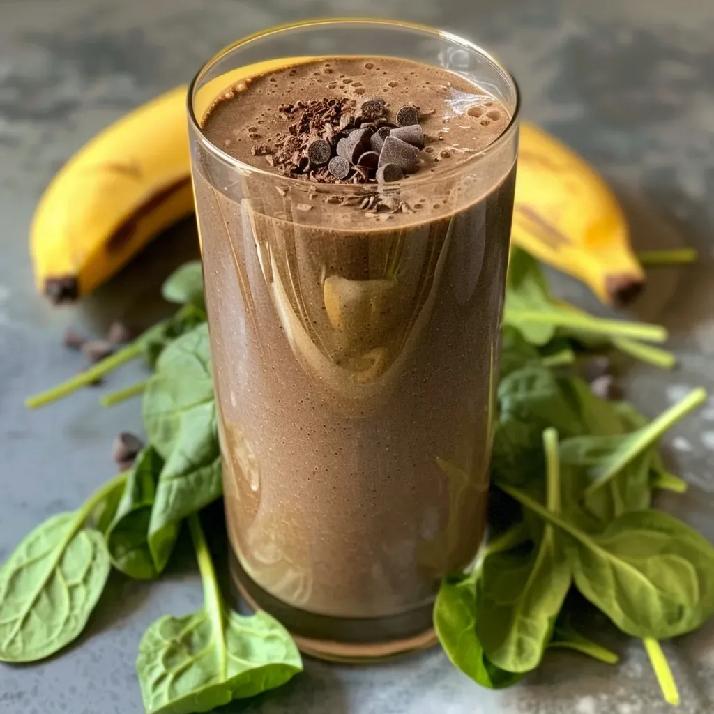 ['A close-up view of a mint chocolate green protein smoothie in a glass, showcasing its rich green and brown colors.', 'Side view of a smoothie made with spinach, chocolate protein powder, and mint, garnished with mint leaves.', 'Refreshing mint chocolate protein smoothie in a clear glass, highlighting the creamy texture and vibrant green color.', 'A delicious mint chocolate smoothie featuring spinach and banana, captured in a close-up shot.']