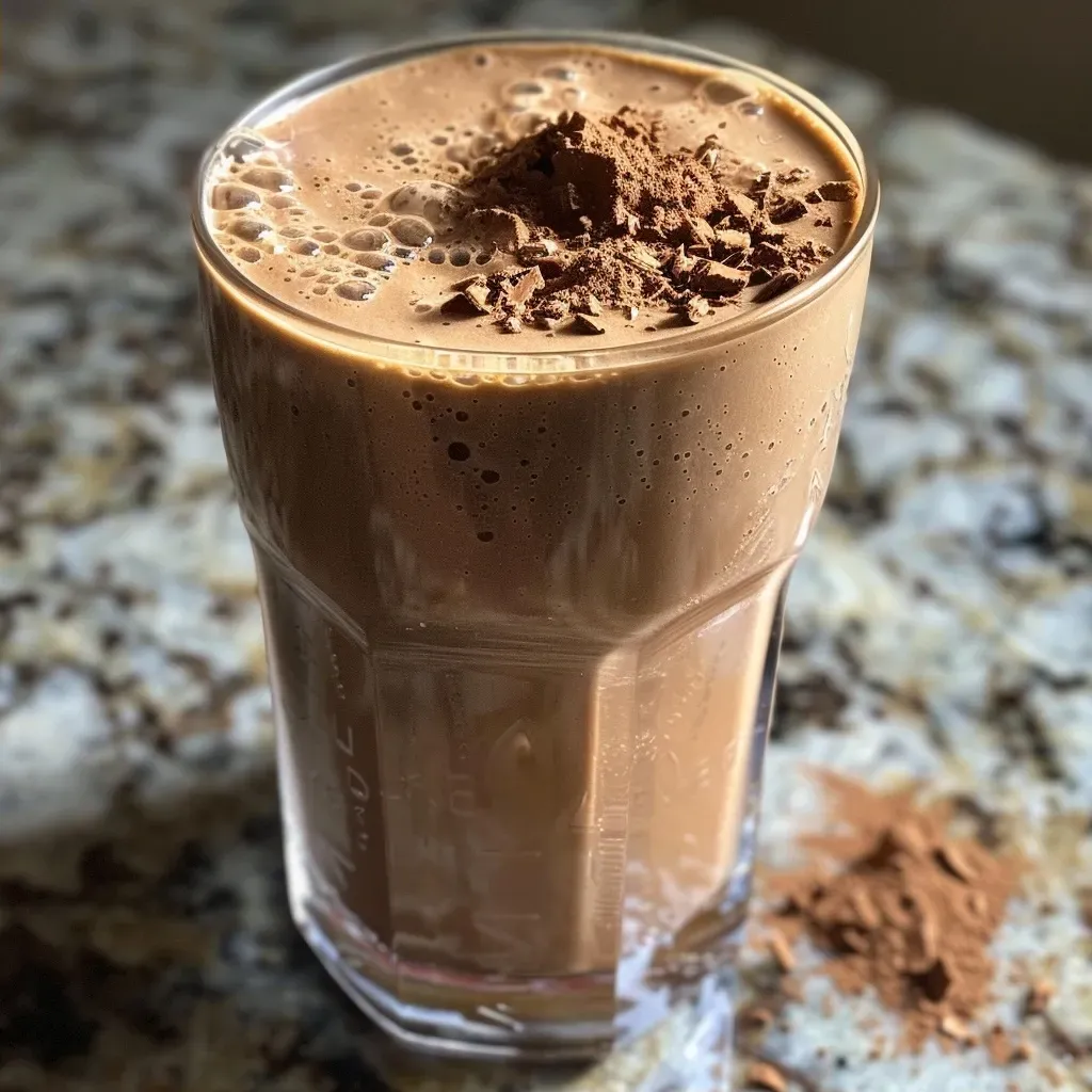 ['Close-up view of a creamy mocha protein shake in a glass with a straw.', 'Side angle shot of a delicious mocha protein shake topped with cocoa powder and a banana slice.', 'Close-up of a mocha protein shake, highlighting its rich texture and color in a well-lit setting.', 'A side view of a mocha protein shake with ingredients like cocoa and banana visibly blended.']