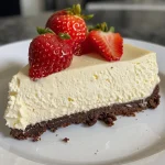 ['A close-up side view of a creamy No-bake Greek Yogurt Cheesecake topped with fresh strawberries.', 'A slice of No-bake Greek Yogurt Cheesecake with a graham cracker crust, adorned with strawberries and honey drizzle.', 'Side view of a No-bake Greek Yogurt Cheesecake showcasing its smooth texture and vibrant strawberry topping.', 'A delicious No-bake Greek Yogurt Cheesecake with a golden crumb crust and fresh fruit decoration.']