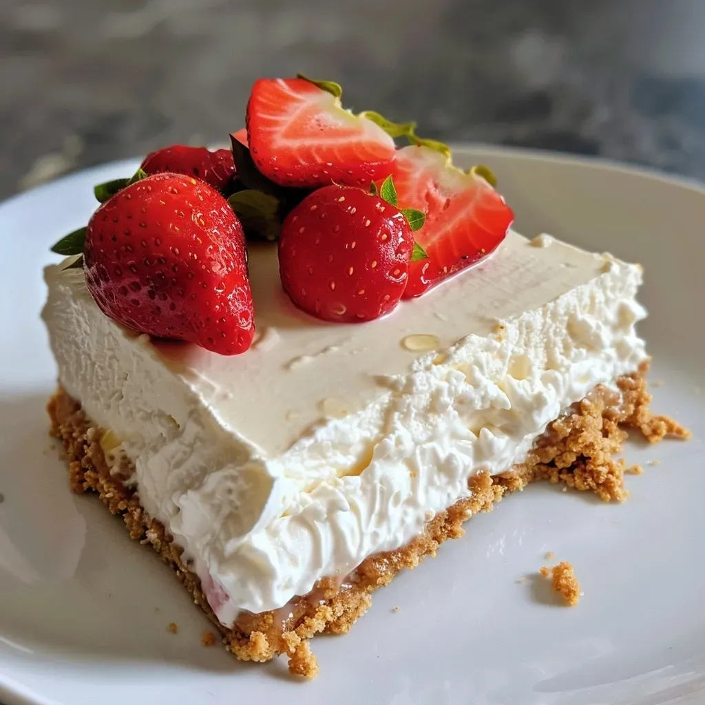 ['A close-up side view of a creamy No-bake Greek Yogurt Cheesecake topped with fresh strawberries.', 'A slice of No-bake Greek Yogurt Cheesecake with a graham cracker crust, adorned with strawberries and honey drizzle.', 'Side view of a No-bake Greek Yogurt Cheesecake showcasing its smooth texture and vibrant strawberry topping.', 'A delicious No-bake Greek Yogurt Cheesecake with a golden crumb crust and fresh fruit decoration.']