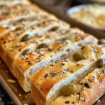 ['Close-up view of freshly baked Olive Bread with a golden crust.', 'Side angle of a loaf of Olive Bread showing olives and cheese bits.', 'Juicy Olive Bread highlighting its texture and ingredients.', 'Detailed shot of Olive Bread showcasing its rustic appearance.']