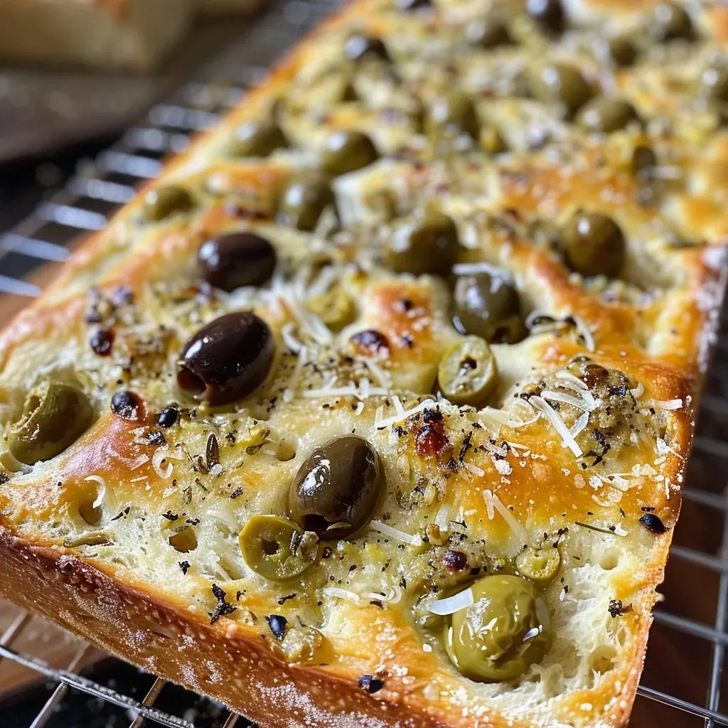 ['Close-up view of freshly baked Olive Bread with a golden crust.', 'Side angle of a loaf of Olive Bread showing olives and cheese bits.', 'Juicy Olive Bread highlighting its texture and ingredients.', 'Detailed shot of Olive Bread showcasing its rustic appearance.']