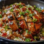 ['A close-up side view of a dish featuring honey BBQ chicken rice, showcasing juicy chicken, vibrant vegetables, and fluffy rice.', 'A detailed view of a one-pan meal with BBQ chicken, rice, and mixed vegetables, highlighting the glossy honey BBQ sauce.', 'Close-up of a plate of One Pan Bold Honey BBQ Chicken Rice, with visible spices and a colorful mix of ingredients.', 'Juicy chicken thighs coated in honey BBQ sauce atop rice and vegetables, captured from a side angle.']