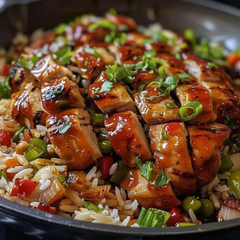 ['A close-up side view of a dish featuring honey BBQ chicken rice, showcasing juicy chicken, vibrant vegetables, and fluffy rice.', 'A detailed view of a one-pan meal with BBQ chicken, rice, and mixed vegetables, highlighting the glossy honey BBQ sauce.', 'Close-up of a plate of One Pan Bold Honey BBQ Chicken Rice, with visible spices and a colorful mix of ingredients.', 'Juicy chicken thighs coated in honey BBQ sauce atop rice and vegetables, captured from a side angle.']