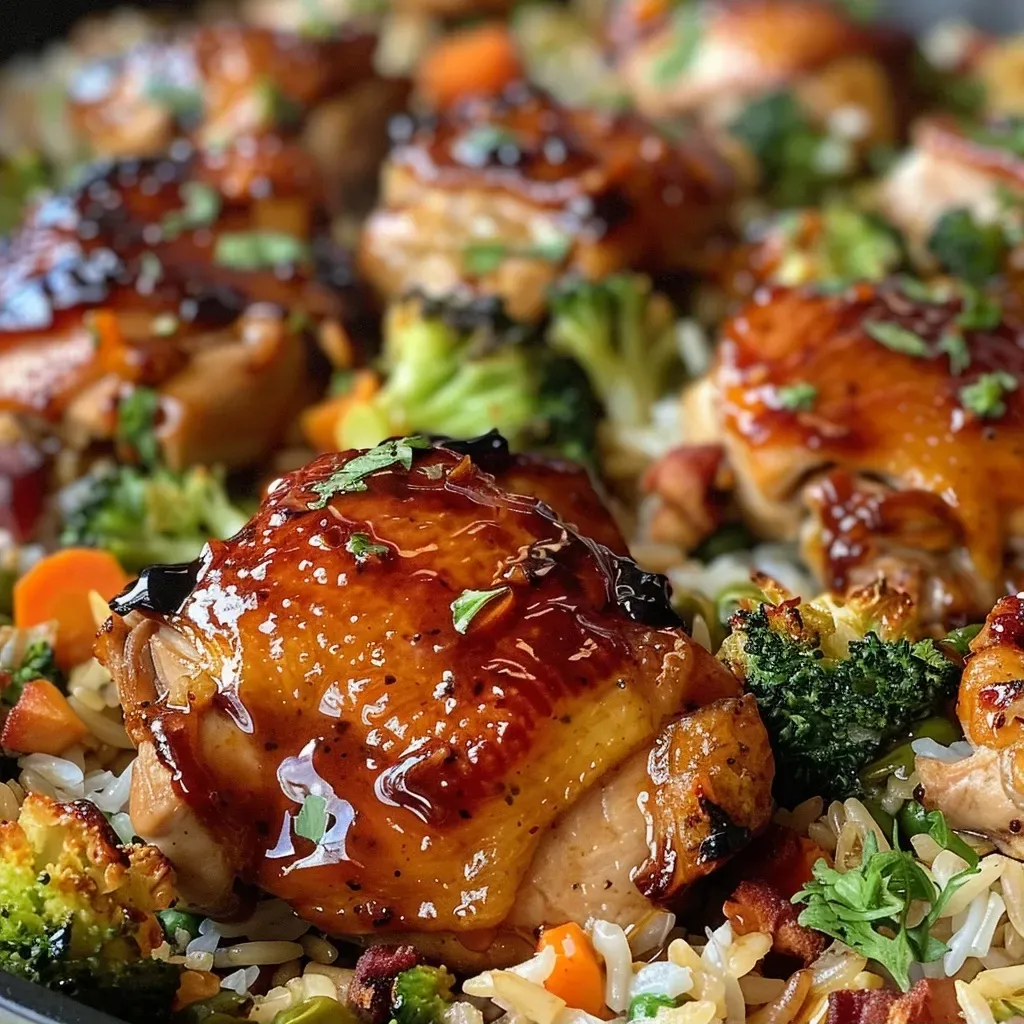 ['A close-up side view of a dish featuring honey BBQ chicken rice, showcasing juicy chicken, vibrant vegetables, and fluffy rice.', 'A detailed view of a one-pan meal with BBQ chicken, rice, and mixed vegetables, highlighting the glossy honey BBQ sauce.', 'Close-up of a plate of One Pan Bold Honey BBQ Chicken Rice, with visible spices and a colorful mix of ingredients.', 'Juicy chicken thighs coated in honey BBQ sauce atop rice and vegetables, captured from a side angle.']