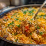 ['Close-up view of cheesy taco chicken and rice in a skillet.', 'Juicy one pan cheesy taco chicken and rice with melted cheese and colorful ingredients.', 'Side view of a hearty meal featuring chicken, rice, cheese, and vegetables in a pan.', 'One pan meal showcasing cheesy taco chicken and rice, visually appealing and vibrant.']