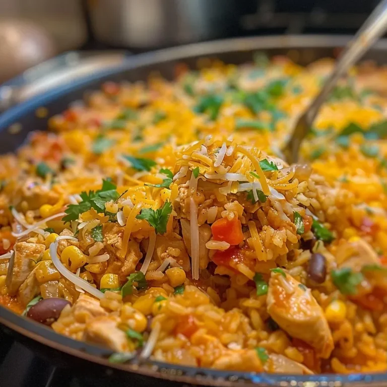 ['Close-up view of cheesy taco chicken and rice in a skillet.', 'Juicy one pan cheesy taco chicken and rice with melted cheese and colorful ingredients.', 'Side view of a hearty meal featuring chicken, rice, cheese, and vegetables in a pan.', 'One pan meal showcasing cheesy taco chicken and rice, visually appealing and vibrant.']