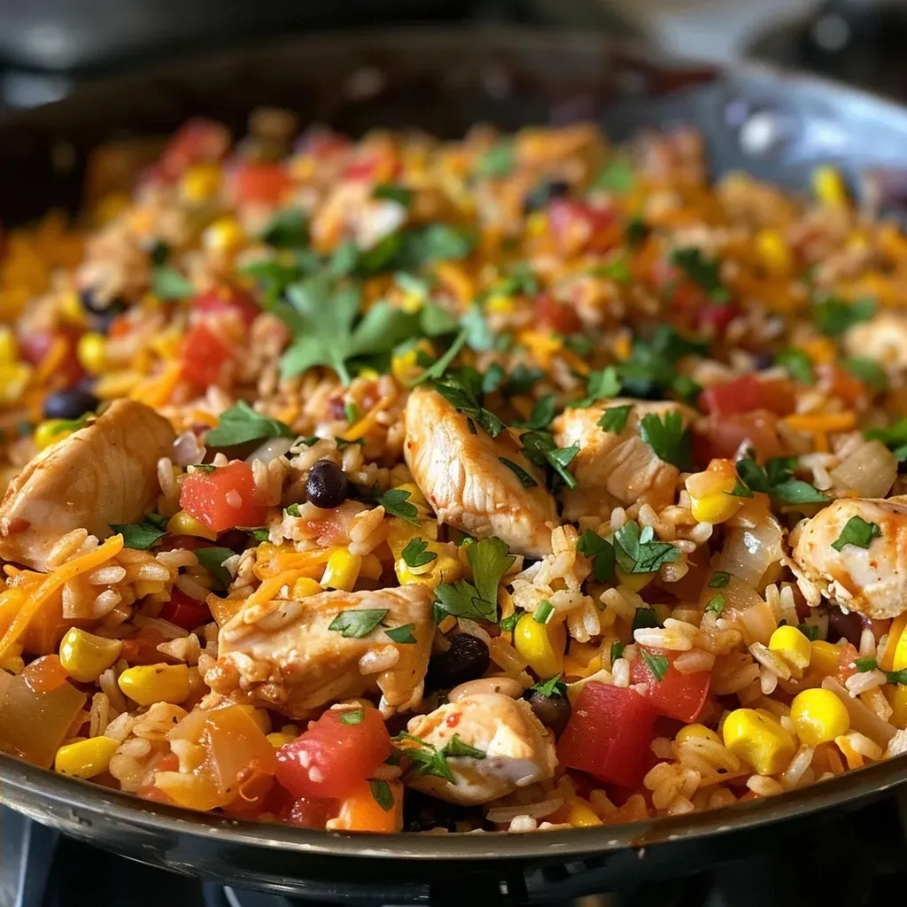 ['Close-up view of cheesy taco chicken and rice in a skillet.', 'Juicy one pan cheesy taco chicken and rice with melted cheese and colorful ingredients.', 'Side view of a hearty meal featuring chicken, rice, cheese, and vegetables in a pan.', 'One pan meal showcasing cheesy taco chicken and rice, visually appealing and vibrant.']