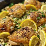 ['Juicy one pan chicken thighs served over fluffy rice with spinach and lemon.', 'Close-up view of cooked chicken thighs on rice with fresh herbs and garnishes.', 'Skillet filled with chicken, rice, and spinach, garnished with lemon slices and parsley.', 'Delicious one pan meal featuring chicken thighs, rice, and vibrant greens.']
