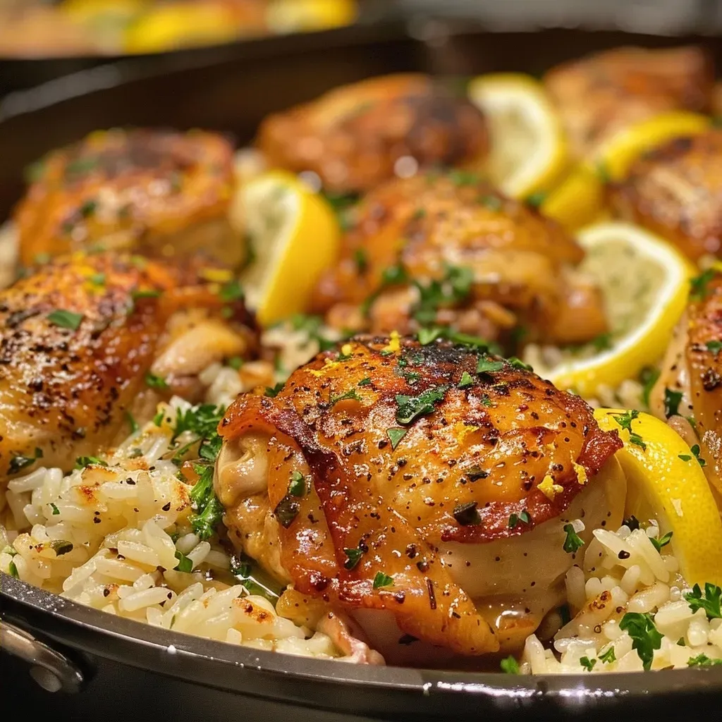 ['Juicy one pan chicken thighs served over fluffy rice with spinach and lemon.', 'Close-up view of cooked chicken thighs on rice with fresh herbs and garnishes.', 'Skillet filled with chicken, rice, and spinach, garnished with lemon slices and parsley.', 'Delicious one pan meal featuring chicken thighs, rice, and vibrant greens.']