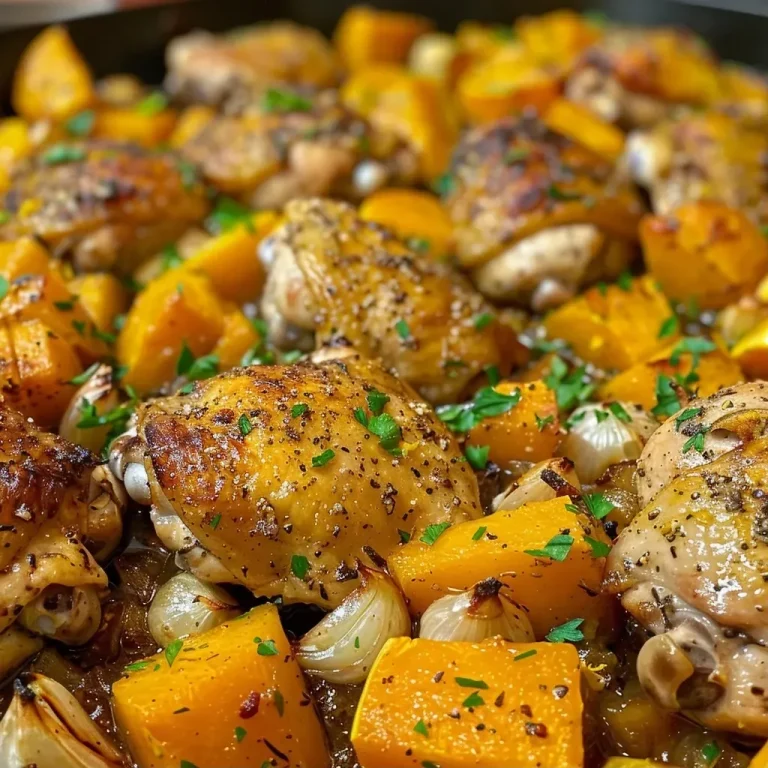 ['Close-up of a juicy One Pan Chicken and Squash Dinner with garlic and herbs.', 'Side view of a colorful One Pan Chicken and Squash Dinner showcasing chicken thighs and butternut squash.', 'Deliciously arranged One Pan Chicken and Squash Dinner highlighting roasted garlic and seasonings.', 'Vibrant One Pan Chicken and Squash Dinner presented with fresh thyme and parsley garnish.']