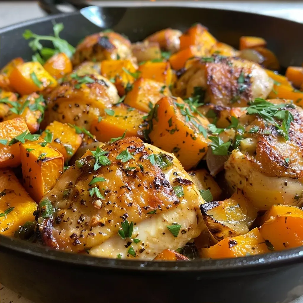 ['Close-up of a juicy One Pan Chicken and Squash Dinner with garlic and herbs.', 'Side view of a colorful One Pan Chicken and Squash Dinner showcasing chicken thighs and butternut squash.', 'Deliciously arranged One Pan Chicken and Squash Dinner highlighting roasted garlic and seasonings.', 'Vibrant One Pan Chicken and Squash Dinner presented with fresh thyme and parsley garnish.']