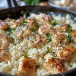 ['Close-up of creamy Parmesan chicken and rice in a white dish, garnished with parsley.', 'Juicy chicken cubes and rice in a rich creamy sauce, viewed from the side on a wooden table.', 'One-pan meal featuring chicken and rice soaked in a creamy Parmesan sauce, garnished with herbs.', 'Side view of a bowl filled with creamy chicken and rice, showcasing the texture and color.']