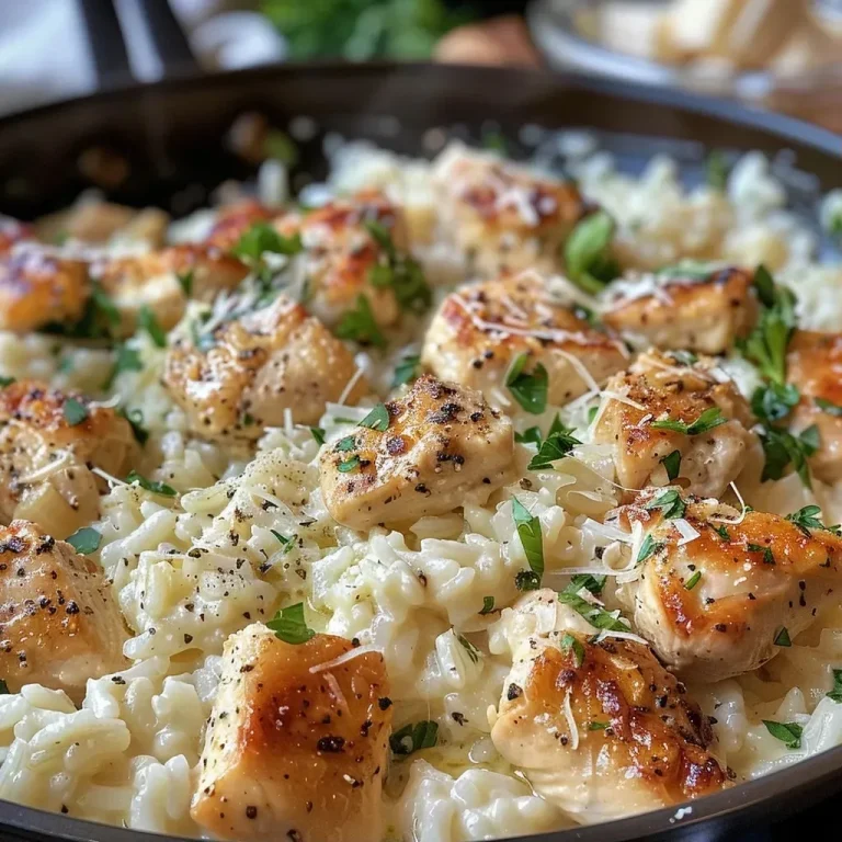 ['Close-up of creamy Parmesan chicken and rice in a white dish, garnished with parsley.', 'Juicy chicken cubes and rice in a rich creamy sauce, viewed from the side on a wooden table.', 'One-pan meal featuring chicken and rice soaked in a creamy Parmesan sauce, garnished with herbs.', 'Side view of a bowl filled with creamy chicken and rice, showcasing the texture and color.']