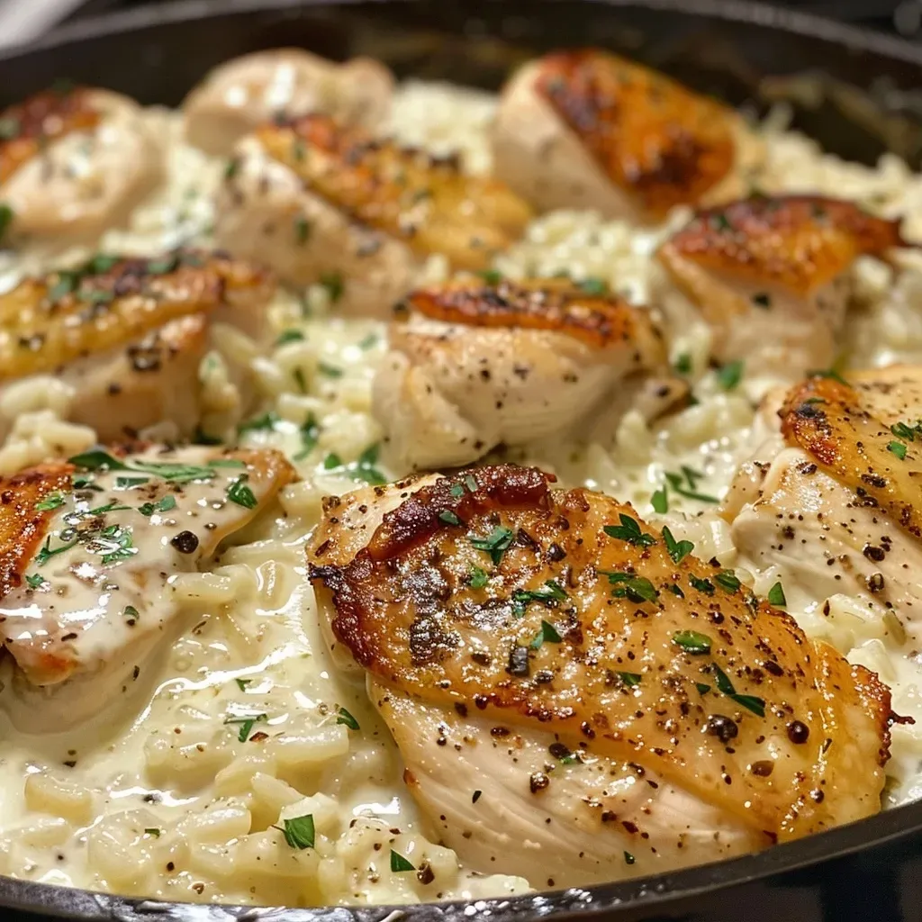 ['Close-up of creamy Parmesan chicken and rice in a white dish, garnished with parsley.', 'Juicy chicken cubes and rice in a rich creamy sauce, viewed from the side on a wooden table.', 'One-pan meal featuring chicken and rice soaked in a creamy Parmesan sauce, garnished with herbs.', 'Side view of a bowl filled with creamy chicken and rice, showcasing the texture and color.']
