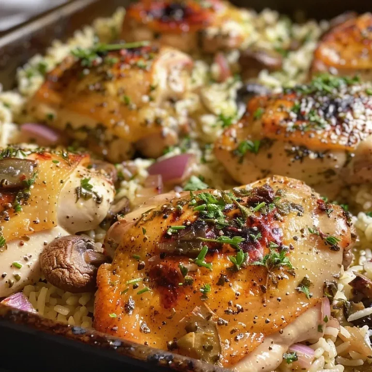 ['A close-up view of juicy herb and garlic chicken thighs with rice, garnished with fresh herbs.', 'One pan featuring tender chicken thighs surrounded by fluffy rice and sautéed mushrooms.', 'Side view of a delicious one pan chicken dish with rice, adorned with colorful vegetables and spices.', 'Detailed shot of a savory one-pan meal with golden-brown chicken, rice, and aromatic herbs.']