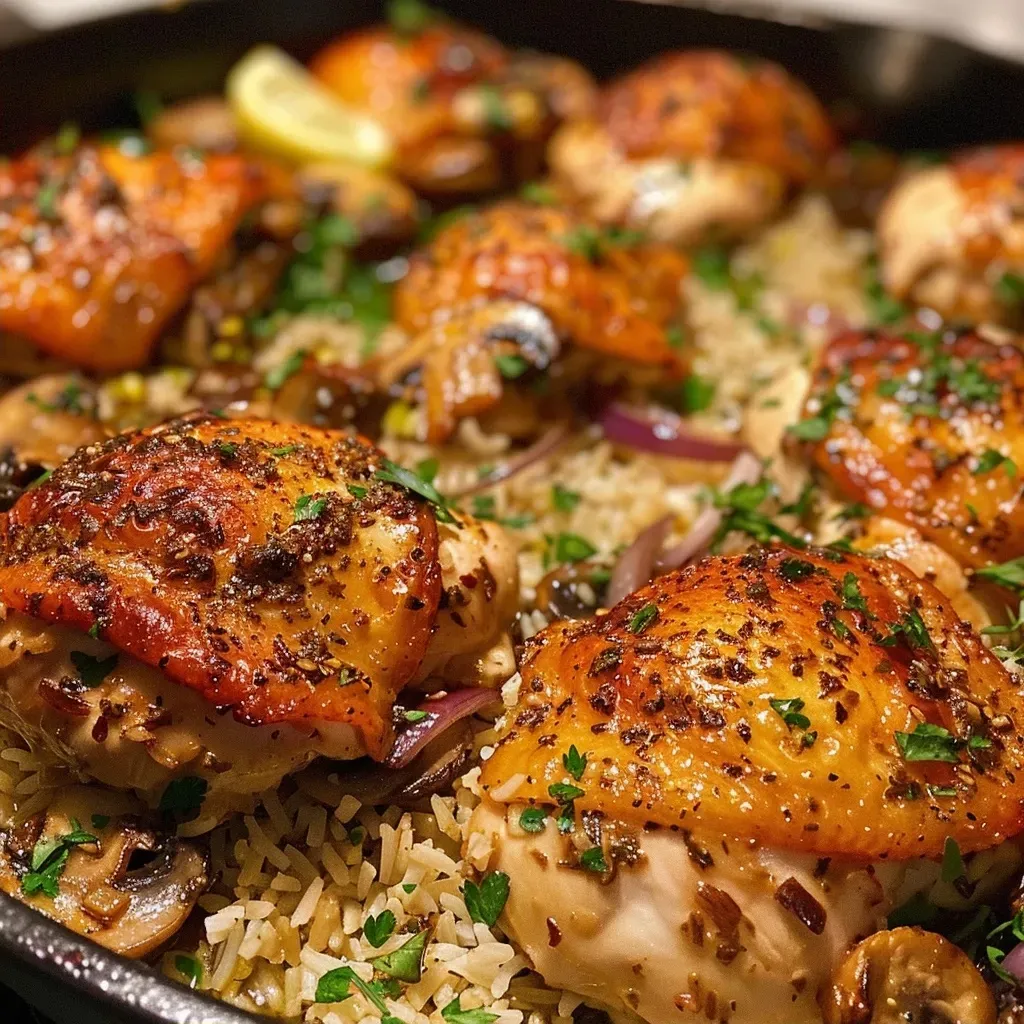 ['A close-up view of juicy herb and garlic chicken thighs with rice, garnished with fresh herbs.', 'One pan featuring tender chicken thighs surrounded by fluffy rice and sautéed mushrooms.', 'Side view of a delicious one pan chicken dish with rice, adorned with colorful vegetables and spices.', 'Detailed shot of a savory one-pan meal with golden-brown chicken, rice, and aromatic herbs.']