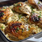 ['Close-up view of a golden-brown One Pan Honey Mustard Chicken and Rice Bake on a plate.', 'Juicy chicken breasts and fluffy rice glazed with honey mustard in a one-pan dish.', 'A delicious serving of honey mustard chicken and rice, showcasing the vibrant colors and textures.', 'Side view of a One Pan Honey Mustard Chicken and Rice Bake, highlighting the moist chicken and flavorful rice.']