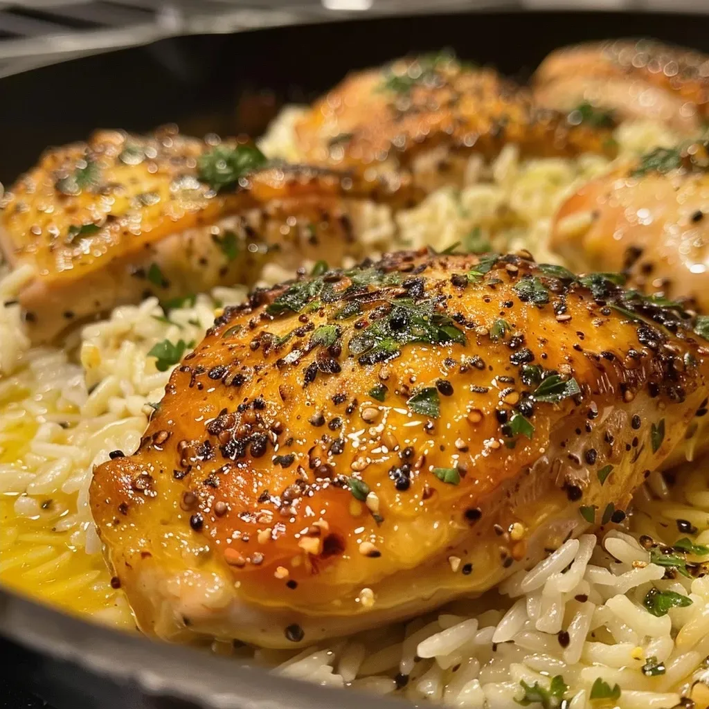 ['Close-up view of a golden-brown One Pan Honey Mustard Chicken and Rice Bake on a plate.', 'Juicy chicken breasts and fluffy rice glazed with honey mustard in a one-pan dish.', 'A delicious serving of honey mustard chicken and rice, showcasing the vibrant colors and textures.', 'Side view of a One Pan Honey Mustard Chicken and Rice Bake, highlighting the moist chicken and flavorful rice.']