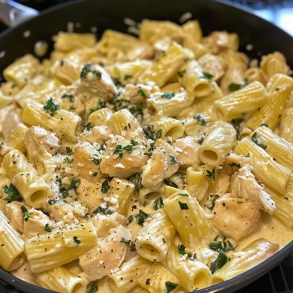 ['Close-up of a creamy One Pot Rigatoni Alfredo with Chicken, showcasing pasta, chicken pieces, and kale.', 'A side view of a delicious One Pot Rigatoni Alfredo with Chicken, featuring rigatoni and a rich sauce.', 'Juicy chicken and rigatoni in a rich Alfredo sauce, garnished with kale and Parmesan.', 'A vibrant dish of One Pot Rigatoni Alfredo with Chicken, highlighting the creamy texture and fresh ingredients.']