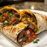 ['Close-up photo of juicy Oven Baked Steak Burritos stacked on a plate.', 'Side view of Oven Baked Steak Burritos with melted cheese and fresh toppings.', 'Deliciously prepared Oven Baked Steak Burritos featuring vibrant ingredients.', 'Tantalizing image of Oven Baked Steak Burritos with gooey cheese and colorful fillings.']