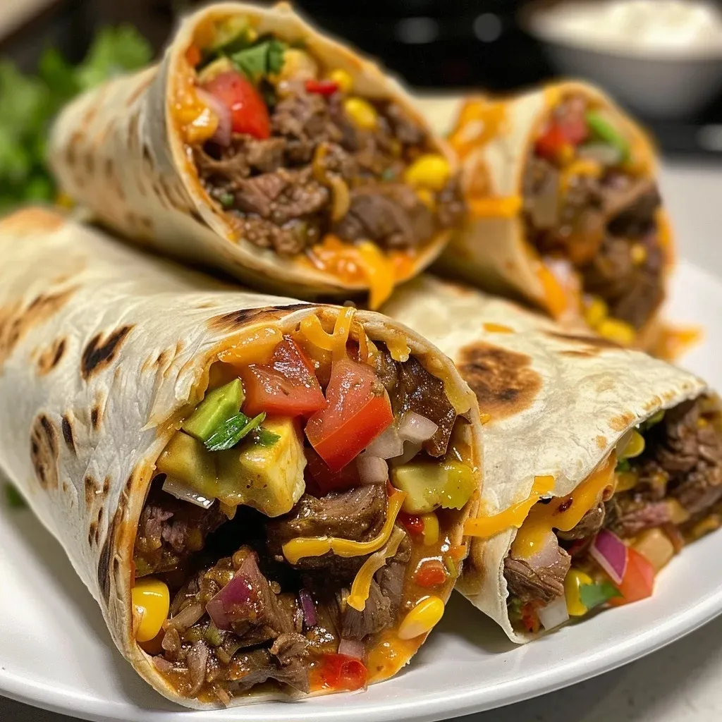 ['Close-up photo of juicy Oven Baked Steak Burritos stacked on a plate.', 'Side view of Oven Baked Steak Burritos with melted cheese and fresh toppings.', 'Deliciously prepared Oven Baked Steak Burritos featuring vibrant ingredients.', 'Tantalizing image of Oven Baked Steak Burritos with gooey cheese and colorful fillings.']