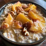 ['A close-up view of peach cobbler overnight oats in a clear jar, showcasing diced peaches and oats.', 'Side view photo of overnight oats topped with ripe peaches and pecans in a glass container.', 'Juicy peach cobbler overnight oats in a bowl, highlighting the ingredients like oats and yogurt.', 'A jar of peach cobbler overnight oats filled with diced peaches and a sprinkle of cinnamon.']