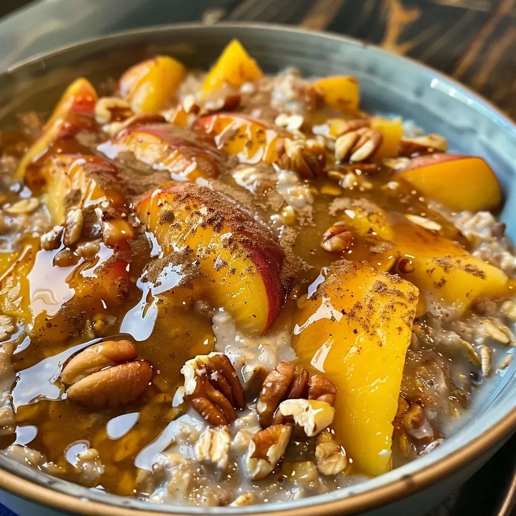 ['A close-up view of peach cobbler overnight oats in a clear jar, showcasing diced peaches and oats.', 'Side view photo of overnight oats topped with ripe peaches and pecans in a glass container.', 'Juicy peach cobbler overnight oats in a bowl, highlighting the ingredients like oats and yogurt.', 'A jar of peach cobbler overnight oats filled with diced peaches and a sprinkle of cinnamon.']
