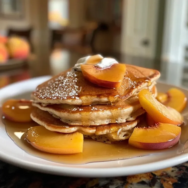 ['Close-up view of juicy peach pancakes drizzled with maple syrup.', 'Side view of fluffy peach pancakes topped with whipped cream and fresh peaches.', 'Mouth-watering peach pancakes stacked on a plate, showcasing their delicious texture.', 'Delicious peach pancakes with vibrant diced peaches, butter, and syrup on the side.']