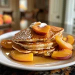 ['Close-up of fluffy peach pancakes topped with whipped cream and fresh peach slices.', 'Side view of golden peach pancakes drizzled with maple syrup and garnished with diced peaches.', 'Delicious peach pancakes served with a dollop of whipped cream and fresh fruit on top.', 'A plate of peach pancakes featuring small peach pieces and syrup, capturing the texture and colors vividly.']