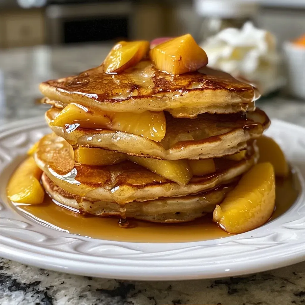 ['Close-up of fluffy peach pancakes topped with whipped cream and fresh peach slices.', 'Side view of golden peach pancakes drizzled with maple syrup and garnished with diced peaches.', 'Delicious peach pancakes served with a dollop of whipped cream and fresh fruit on top.', 'A plate of peach pancakes featuring small peach pieces and syrup, capturing the texture and colors vividly.']
